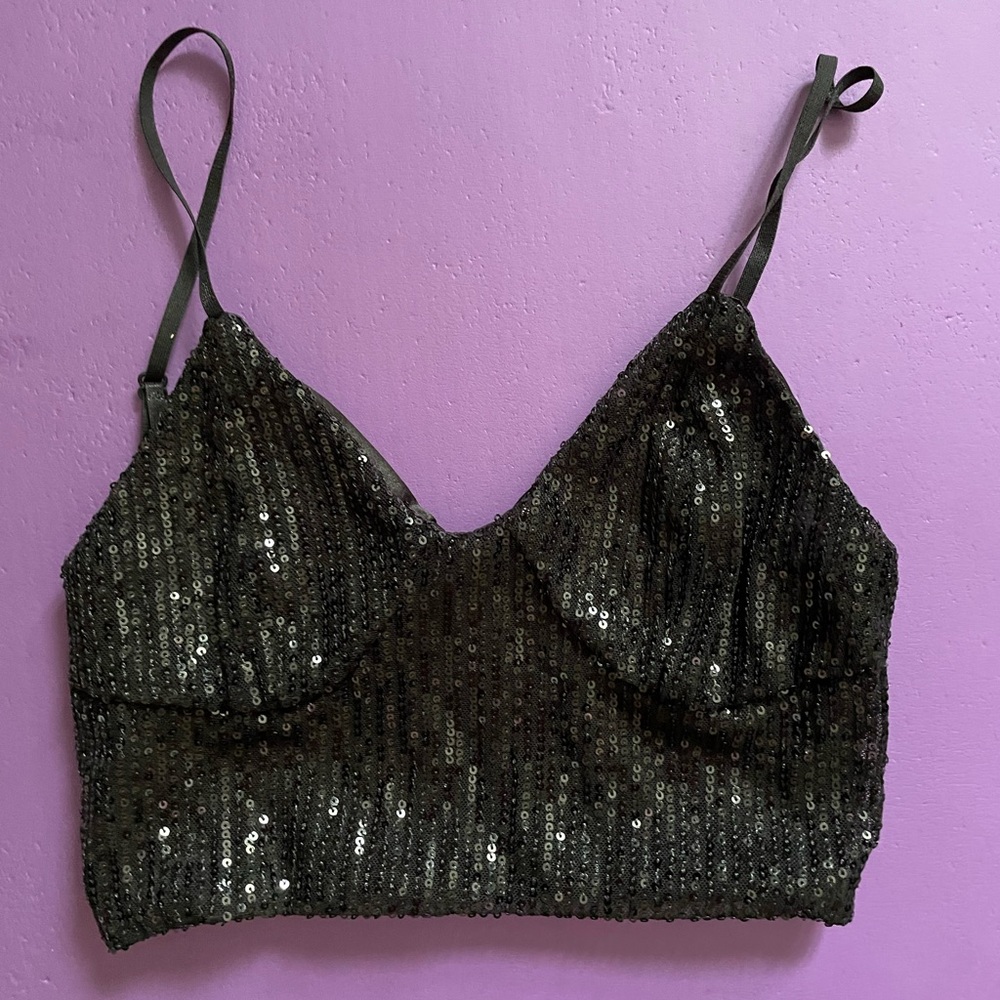 Vimoisa Black Sequin Cropped Top 🖤 SIZE XS